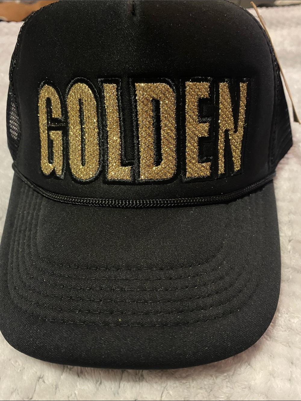 Black Trucker Hat with Gold 'GOLDEN' Embroidery